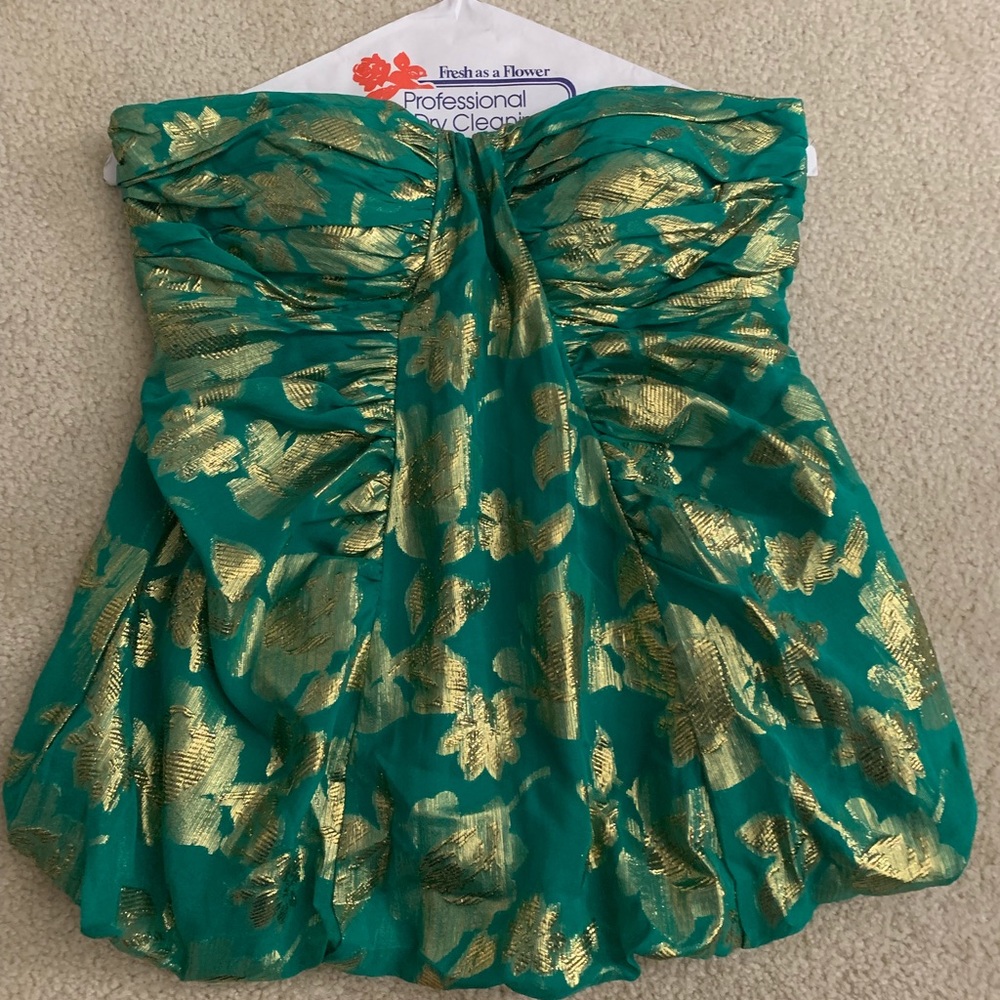 Emerald green blousy strapless BeBe top